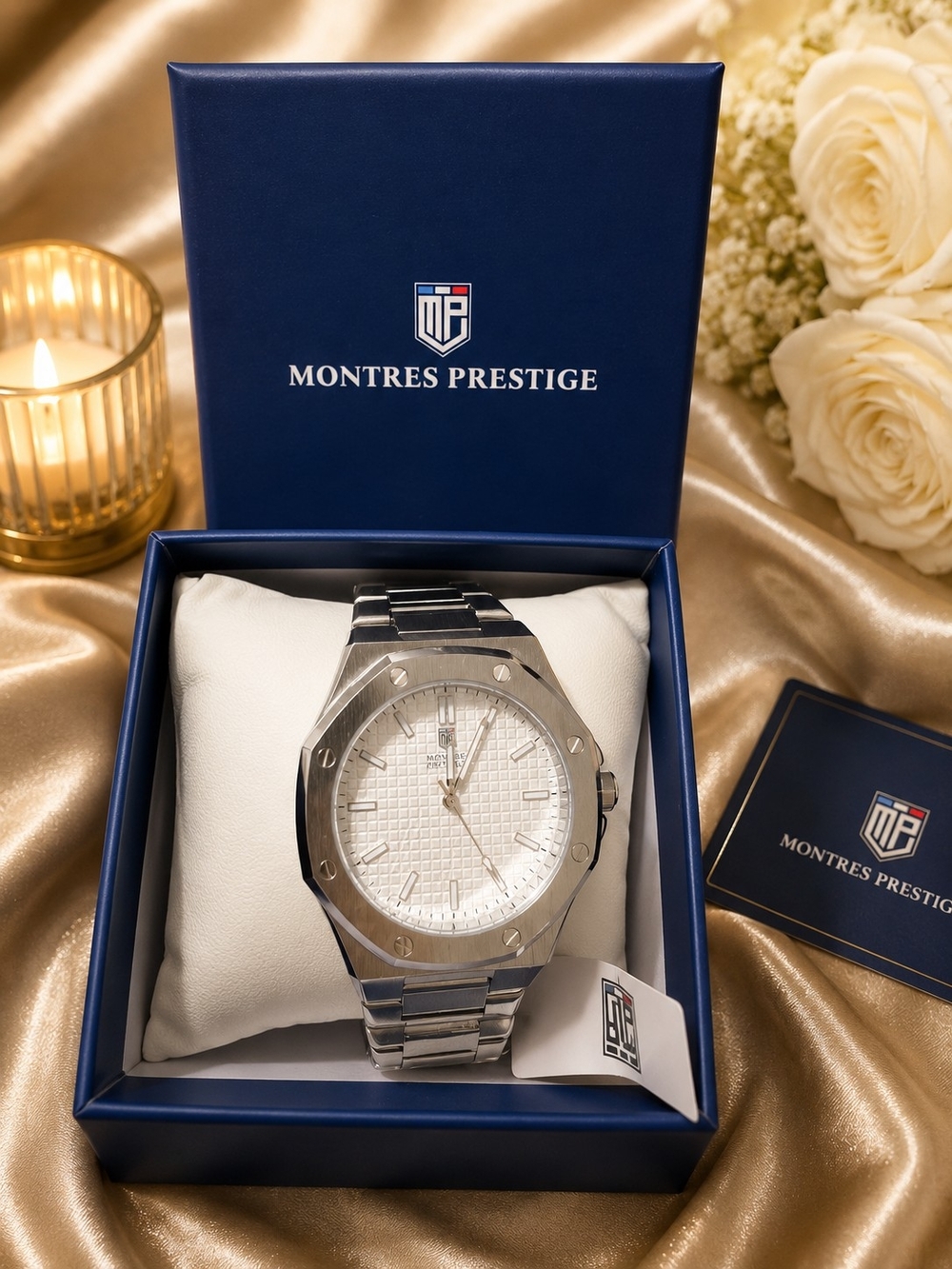 Montres Prestige Men's Silver Stainless Steel Watch with White Dial